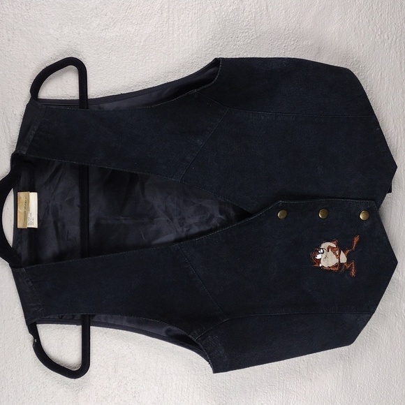 Looney Tunes Vintage 90's Tasmanian Devil Black Suede Leather Snap Front Vest - Picture 11 of 11
